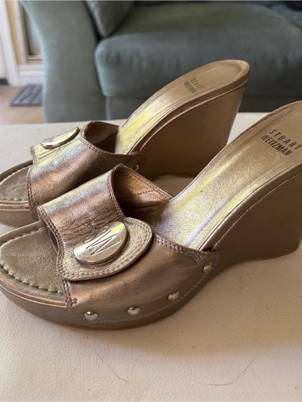 Stuart Weitzman Bronze Metallic Wedge Mules